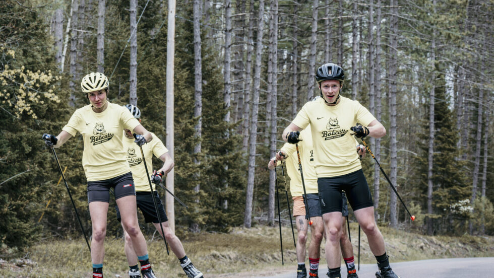 A group of people rollerblading down a road in the woods