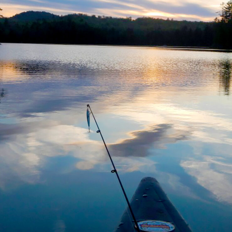 the bow of a fishing boat at dusk showing a pole and recently-caught fish